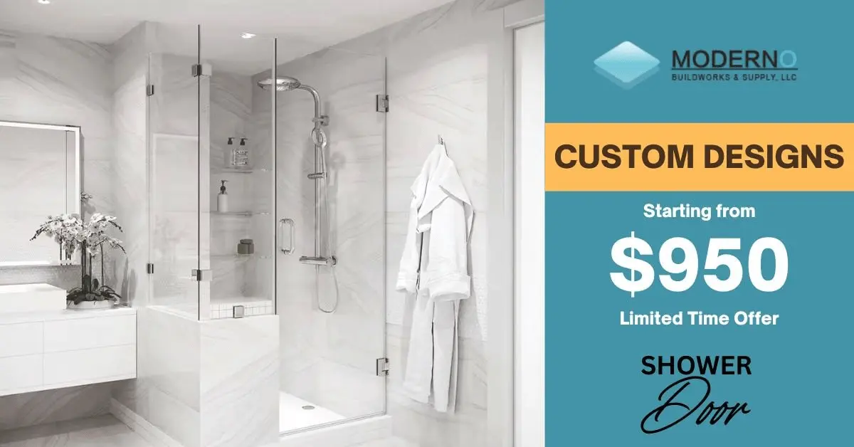 Luxurious bathroom with a custom glass shower enclosure, marble walls, and modern fixtures, showcasing Moderno Buildworks & Supply's custom shower door designs. Starting from $950, limited-time offer.